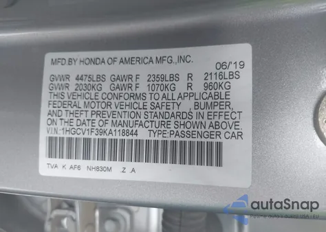 2019 Honda Accord Sport z USA, uszkodzony, nr VIN 1HGCV1F39KA118844